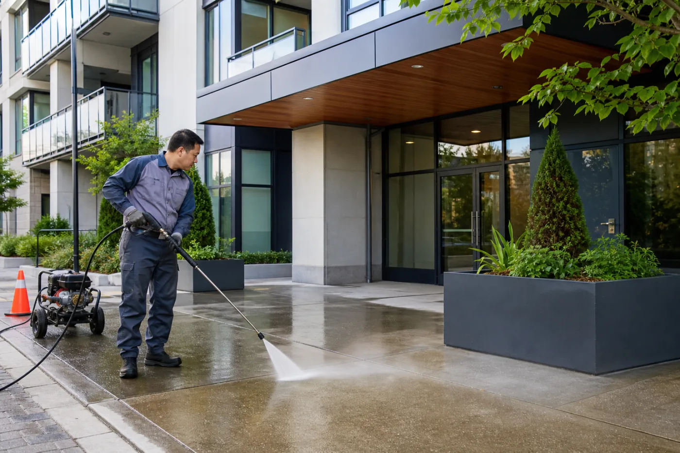 Pressure washing an apartment building entrance