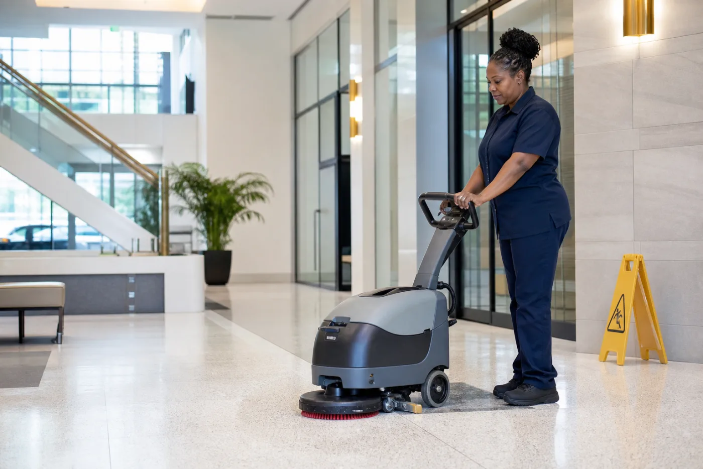 Commercial floor scrubbing in a mixed-use property