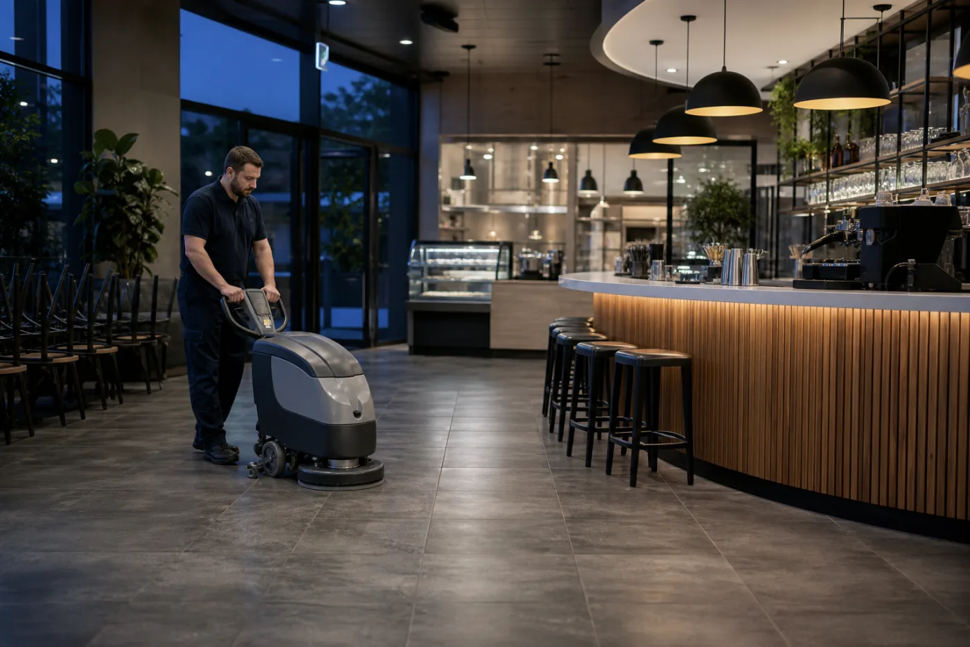 Commercial floor scrubber cleaning a modern café in Greater Moncton