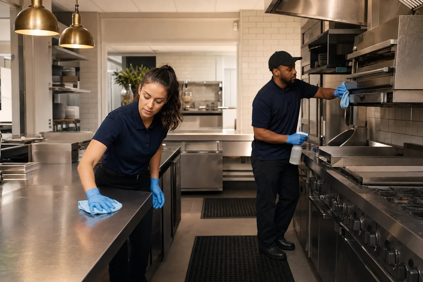 Professional team cleaning stainless steel restaurant kitchen surfaces