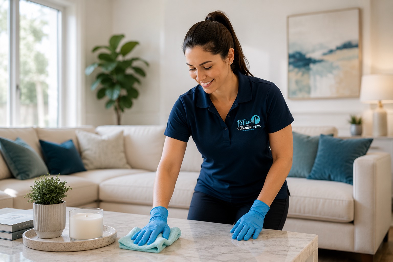 Refresh Cleaning Pros residential cleaner wiping a living room table in Moncton